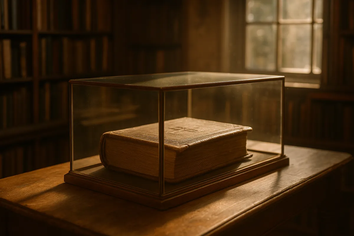 Old Bible resting in a glass case inside a vintage bookshop, symbolizing the unseen gifts God prepares for pastors’ wives.