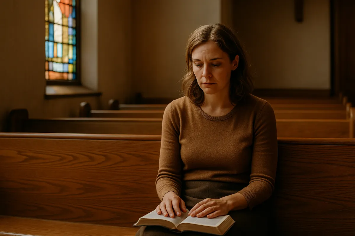 Pastor’s wife sitting alone in a church pew with a Bible in her lap, bathed in soft stained glass light, reflecting quiet strength and unseen battles.