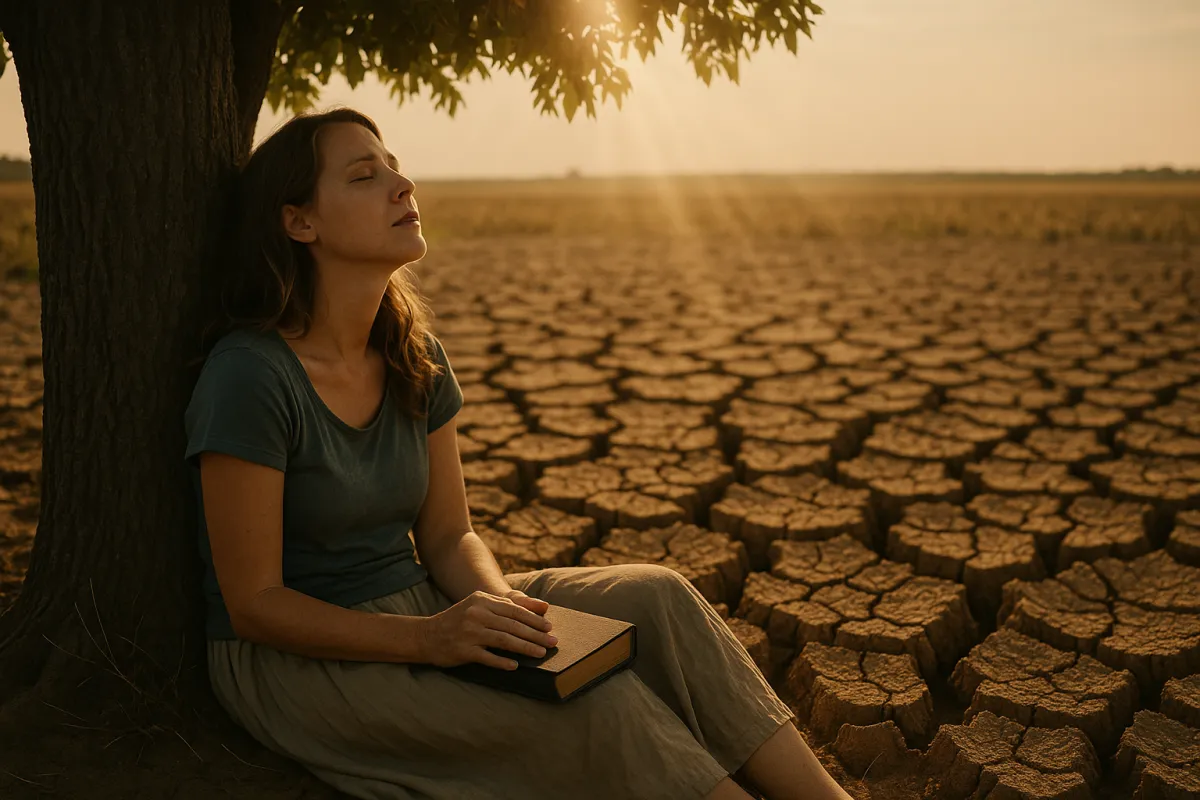 A weary woman sits alone under a tree in a dry, sunlit field, holding a Bible and looking upward in prayer, representing spiritual thirst and quiet hope.
