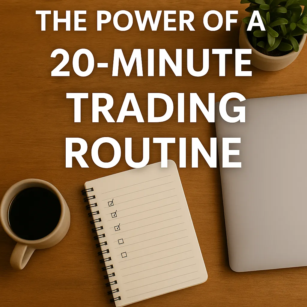 A clean desk setup with a coffee mug, notepad checklist, and laptop, representing a simple 20-minute trading routine for busy leaders.