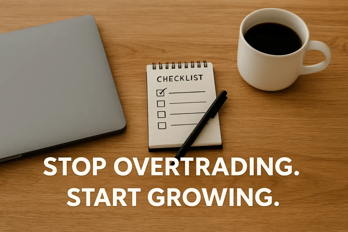 A tidy desk with a closed laptop, notepad checklist, pen, and coffee mug, representing a calm, disciplined trading routine designed to prevent overtrading.