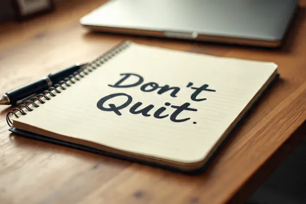 A wooden desk with a notepad reading “Don’t Quit,” a pen, and a closed laptop, representing the perseverance and practical habits needed to stay committed as a trader.