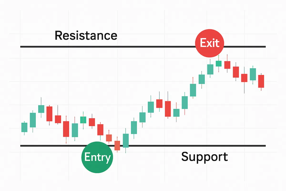 Stock chart with support and resistance lines showing clear entry and exit markers for disciplined trading.