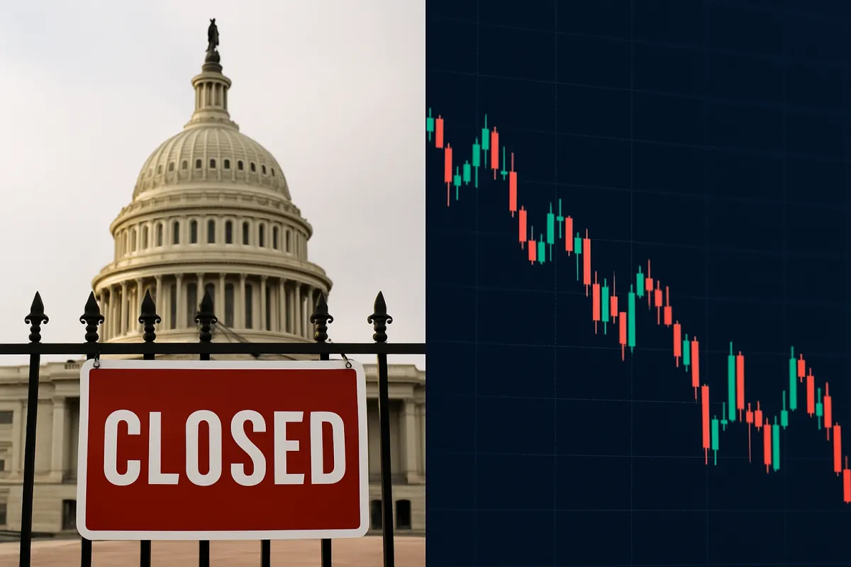 U.S. Capitol with a closed sign next to a volatile stock chart, symbolizing how the government shutdown impacts the stock market.