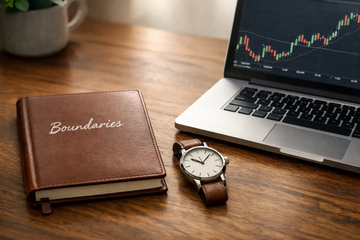 Notebook labeled boundaries beside a watch and laptop, symbolizing healthy limits and peace in investing.