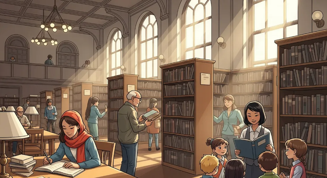 Illustration of a busy, sunlit local public library with patrons of all ages reading, studying, and interacting with a librarian, symbolizing the library's importance as a community resource that requires funding.