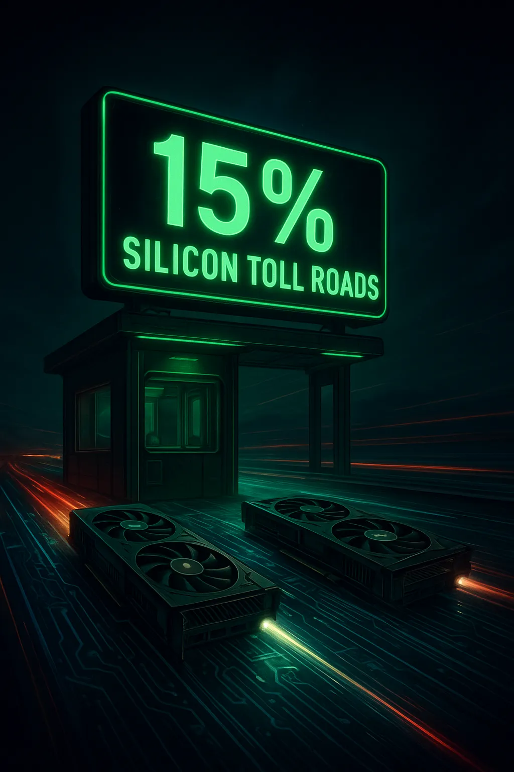 “A neon-lit tollbooth straddling a silicon wafer highway at night, GPUs racing through like sports cars, a giant digital sign flashing ‘15%’, treasury-green glow, ultra-detailed, photorealistic–meets–sci-fi, cinematic wide angle, motion streaks, high contrast, dramatic lighting, futuristic typography reading ‘SILICON TOLL ROADS’.” 🔥🚧🧠
