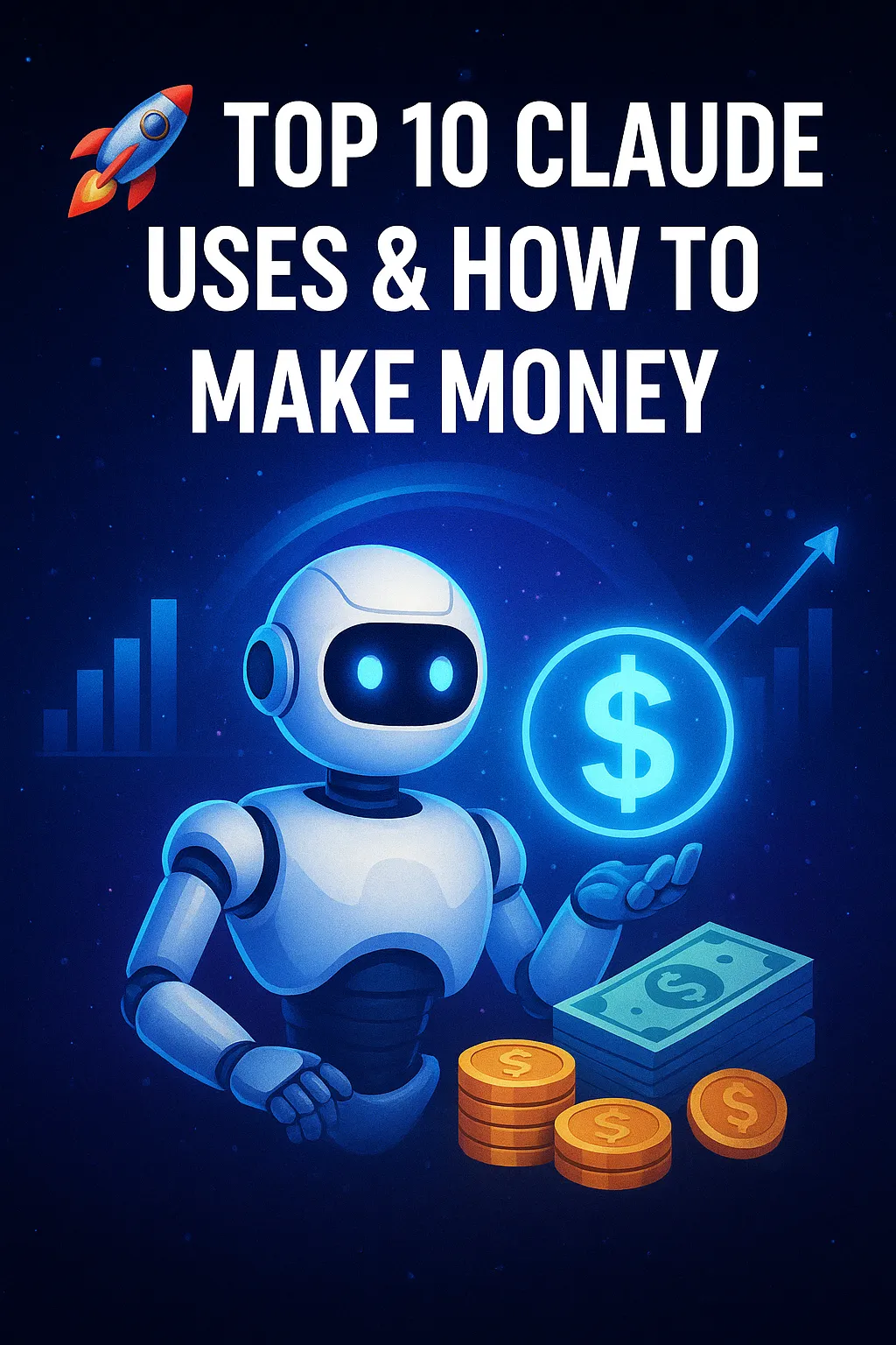 Robot holding Dollar sign Future with Rocket Ship and caption "TOP 10 Claude Uses & How to Make Money"