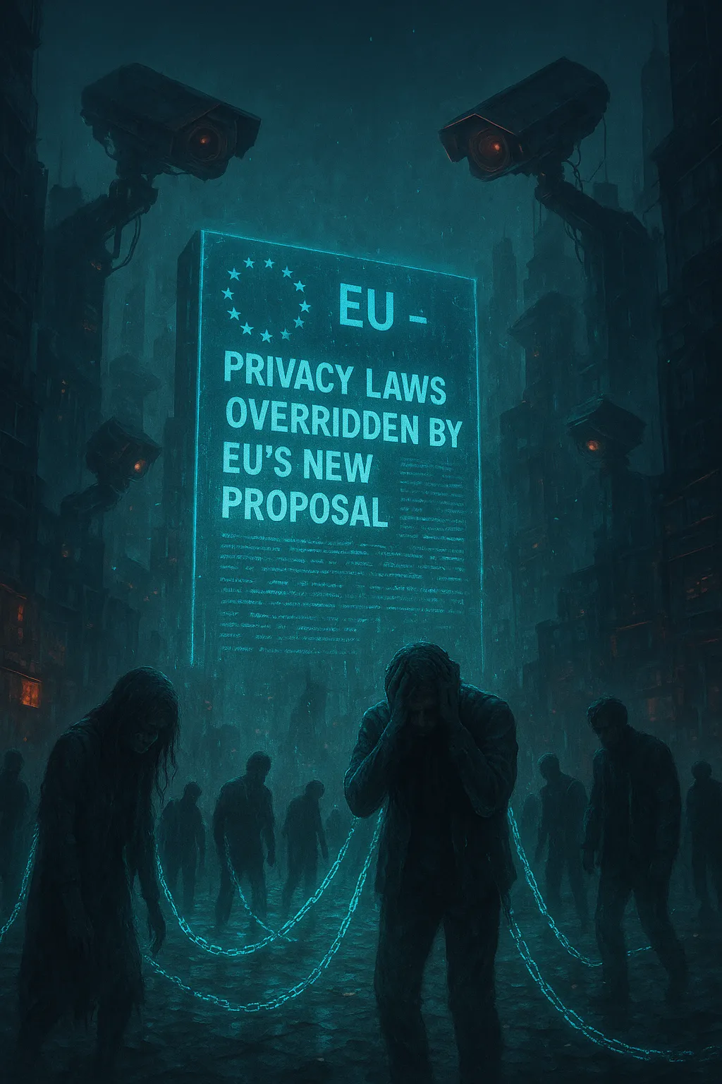 eu billboard dystopian future people huddled unhappy