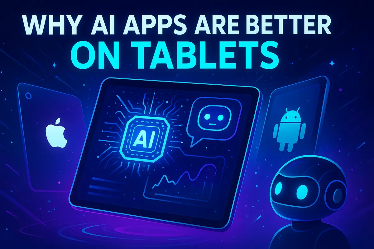 Futuristic 8K digital artwork showing AI apps on tablets, featuring Apple, Android, and PC devices with glowing neon visuals, sleek robot designs, and advanced AI interfaces