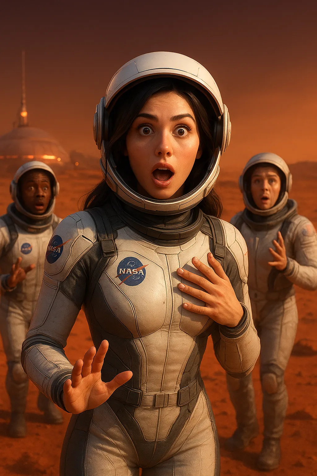 attractive female astronaut mars backdrop surprised holding chest