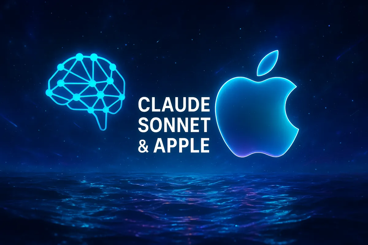 claude sonnet and apple logos over a dark ocean in an ai future
