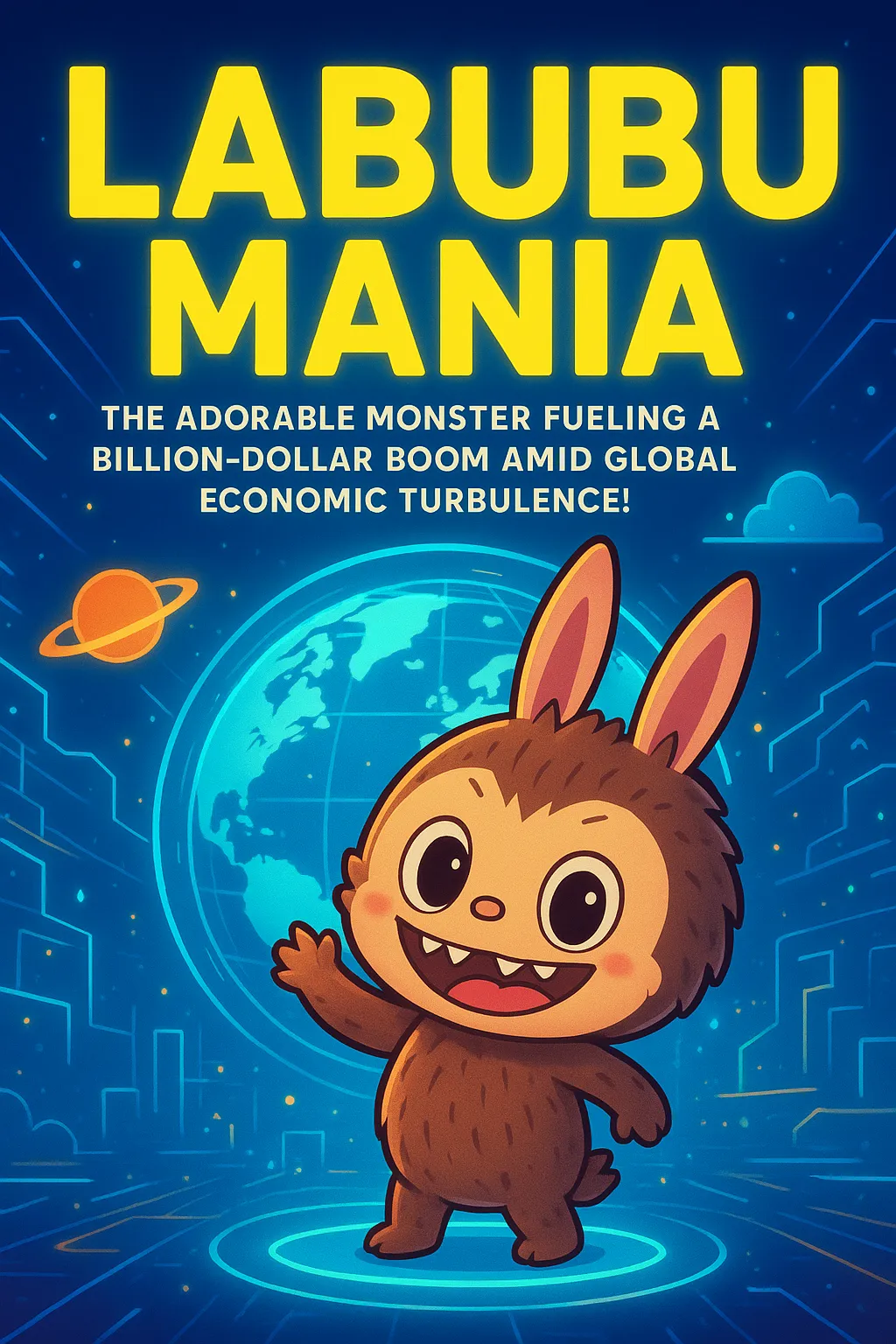 Labubu Waving in front of Digital Background Title: Labubu Mania