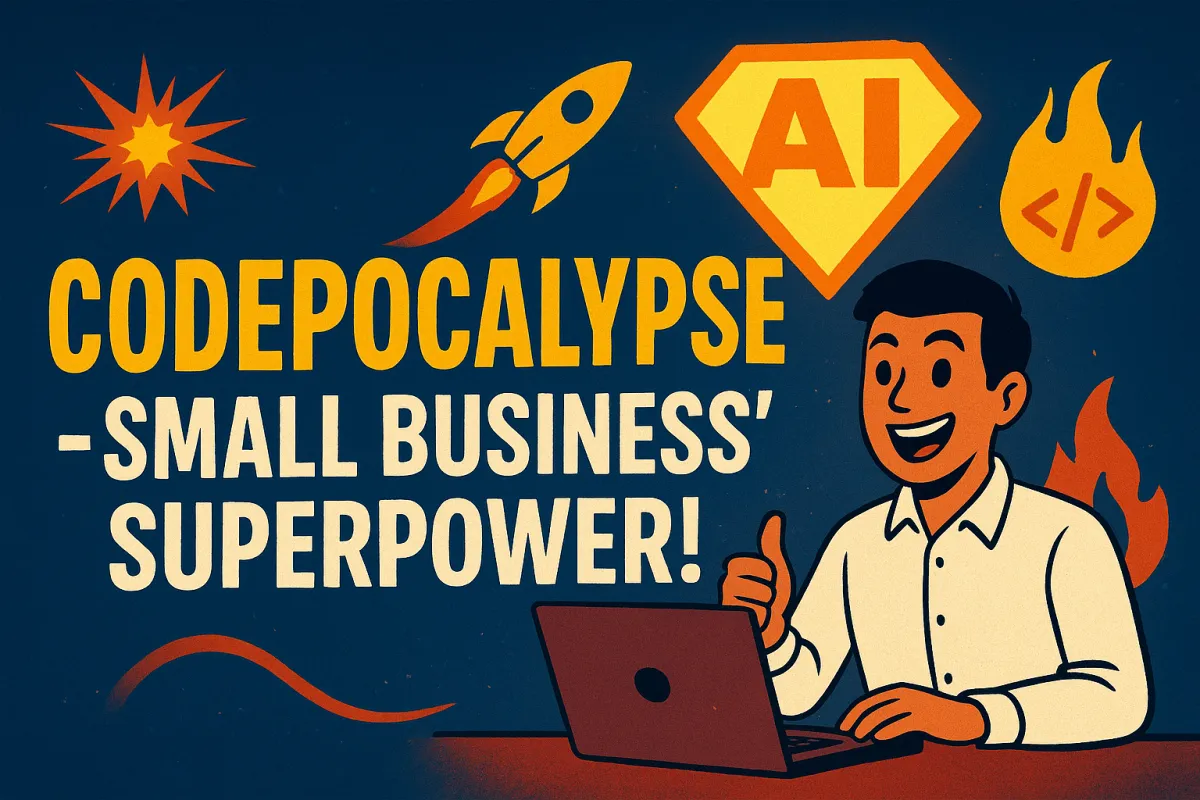 Man in front of laptop on fire Codepocalypse Small Business Superpower