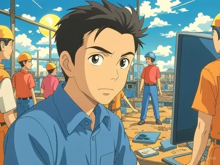 Animated Anime Man bringing digital AI and powerpoint to a job site while crew is working