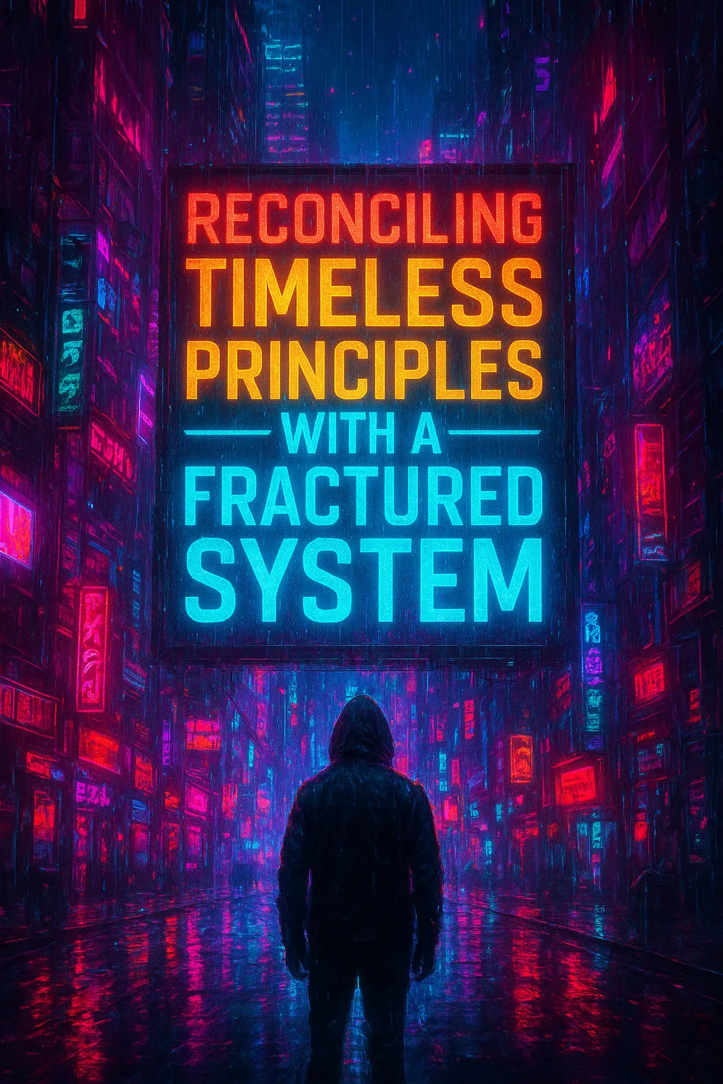 Timeless Principles Dystopian Society Silhouette person in Hoodie facing endless Neon Lit Street Signs