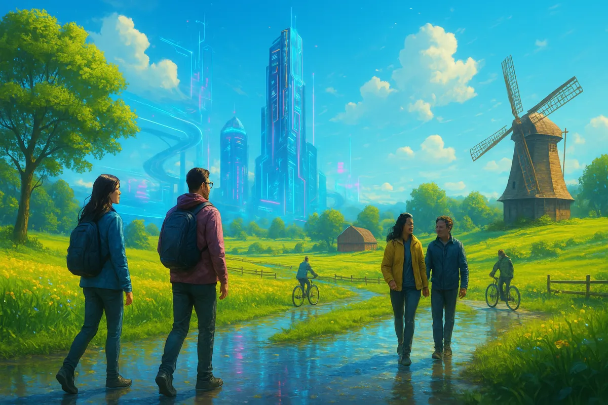 Bright Countryside Future with Xenon Towers and Clouds People walking by the brook