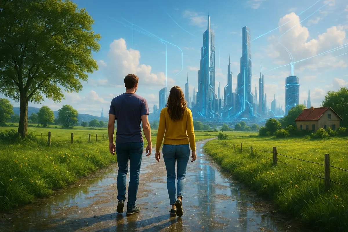 Couple walking in countryside in near future Technology and LED Xenon Light Towers in the background LUSH Greenery