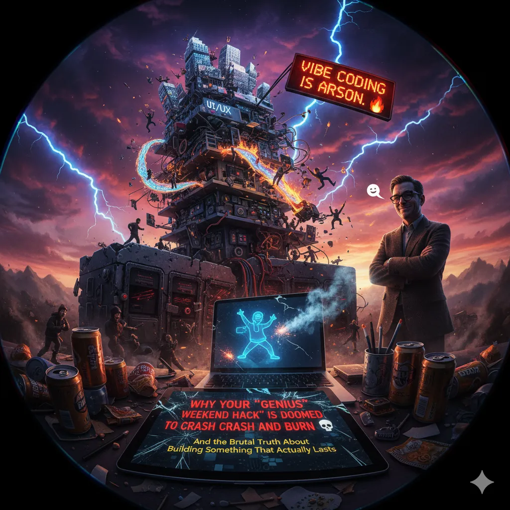 Cyberpunk city in flames with lightning: "Vibe Coding is Arson" neon sign, suited man at laptop warning "Why your genius weekend hack crashes and burns – build what lasts" in chaotic UT/UX dystopia.