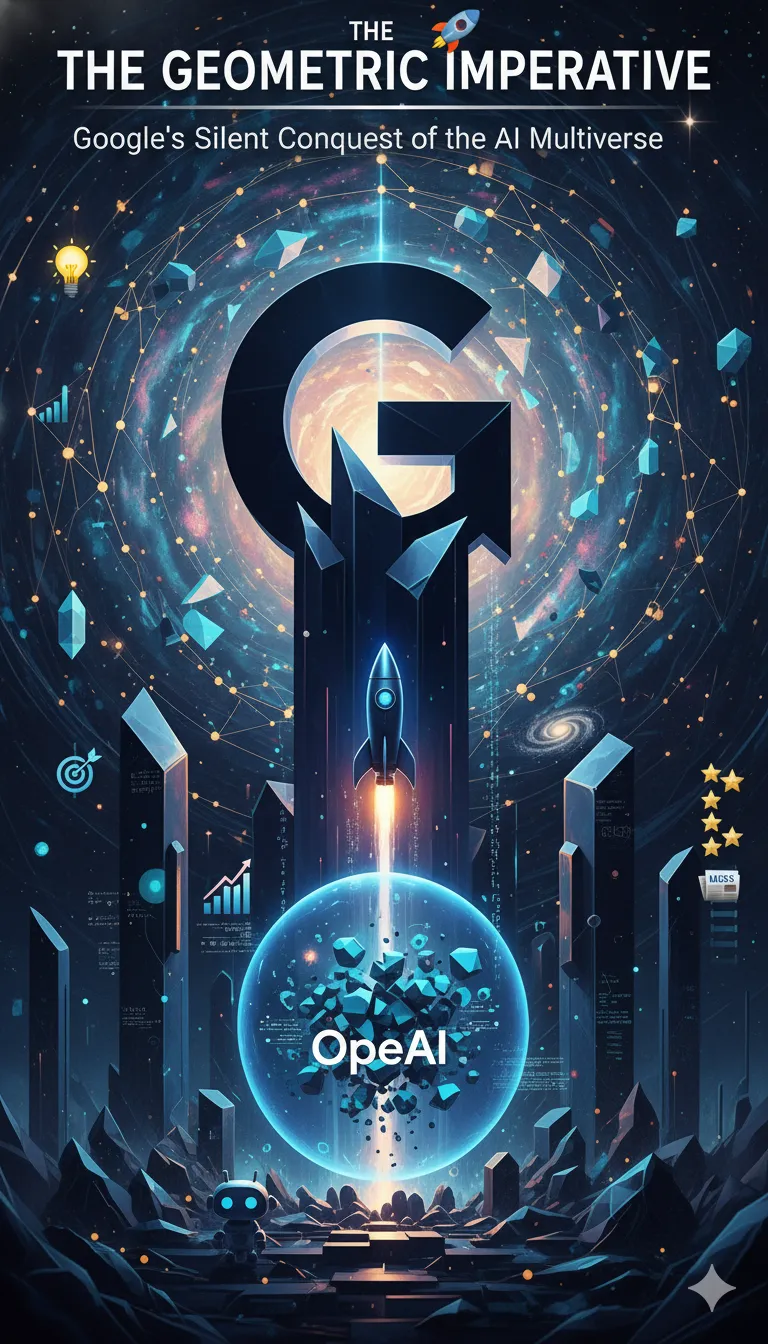 Striking visual representation of Google's AI dominance, featuring a prominent 'G' logo, soaring rocket, and an interconnected AI multiverse, with a subtle nod to OpenAI. Perfect for articles on Google's strategic conquest in the artificial intelligence landscape