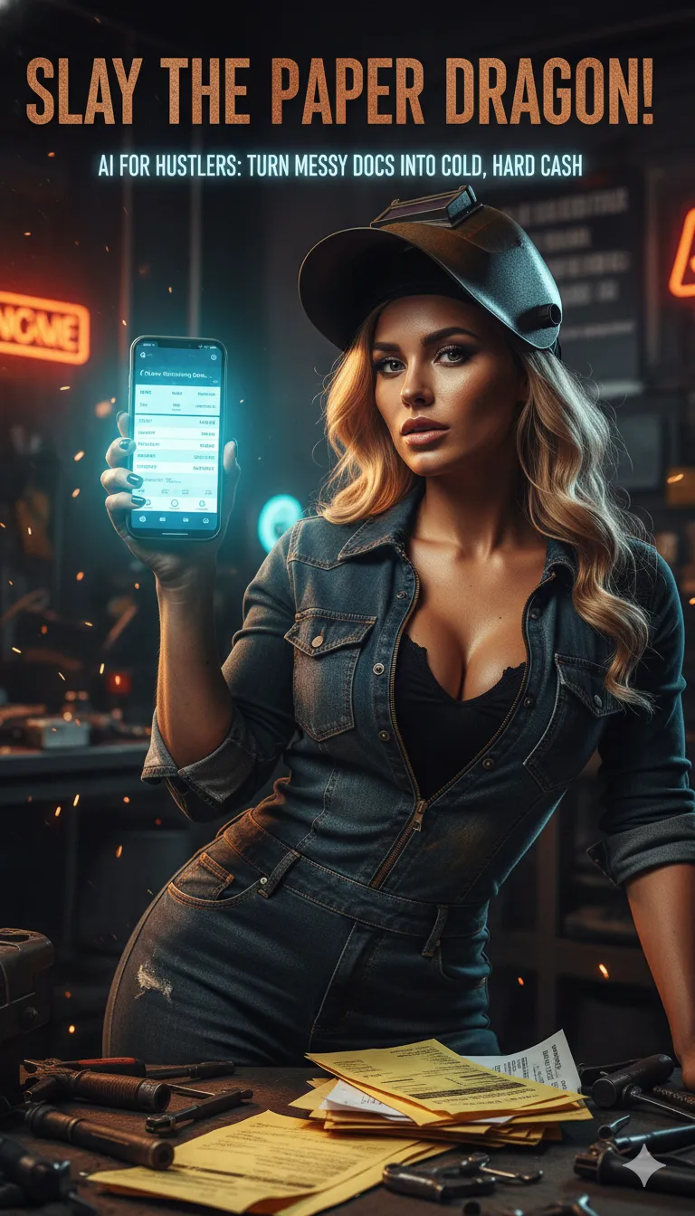 "AI for hustlers: image of a woman in work clothes with a phone displaying organized documents. Visualizing AI's role in processing paperwork for small business, contractors, and blue-collar professionals. Ideal for SEO related to AI productivity, document scanning, and small business tips."