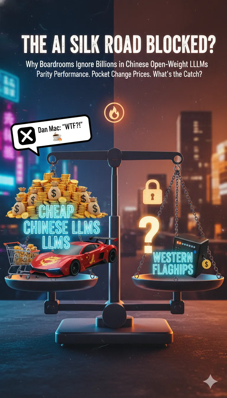 Infographic comparing the cost-efficiency of Chinese open-weight LLMs (like Qwen, DeepSeek) against Western flagship models. Illustrates a scale with a red sports car and moneybags representing 'Cheap Chinese LLMs' balancing against a locked safe and credit card representing 'Western Flagships.' Features a speech bubble quoting 'Dan Mac: WTF?!' and the title 'The AI Silk Road Blocked?' Ideal for blog posts discussing AI cost, geopolitics, and LLM adoption