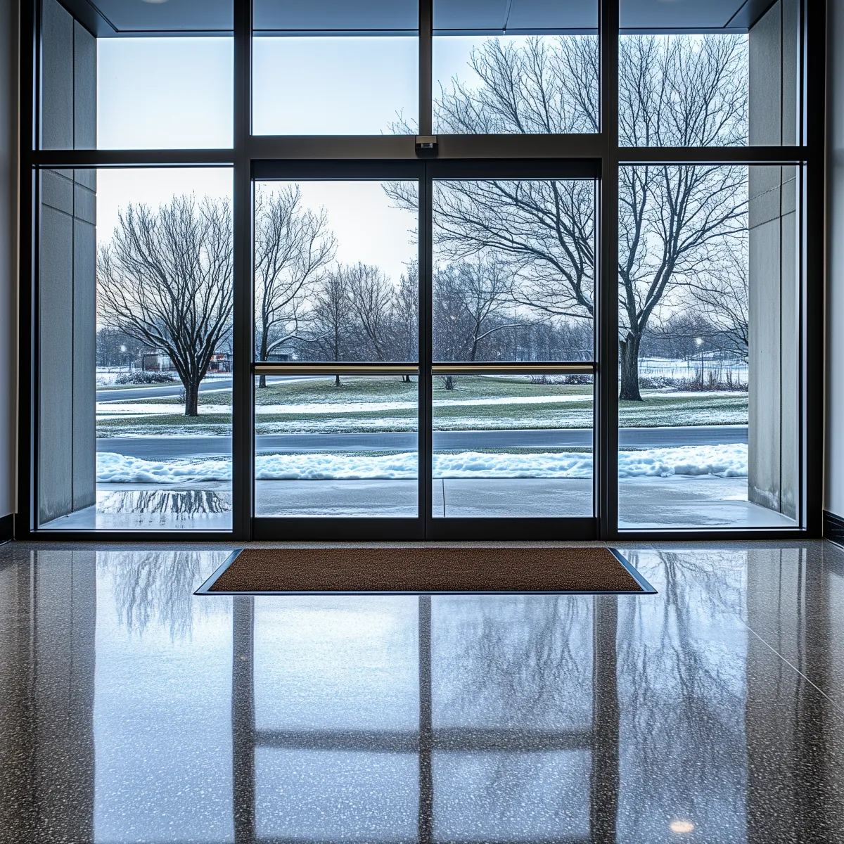 Polished concrete floor with matting at the entrance