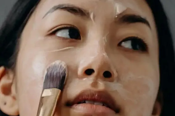 A woman applying skincare products with a paintbrush