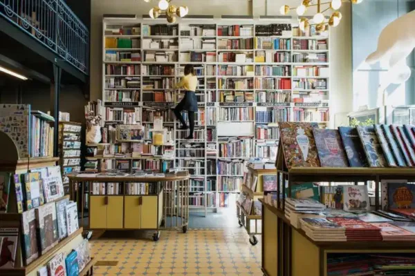A woman climbing a library ladder