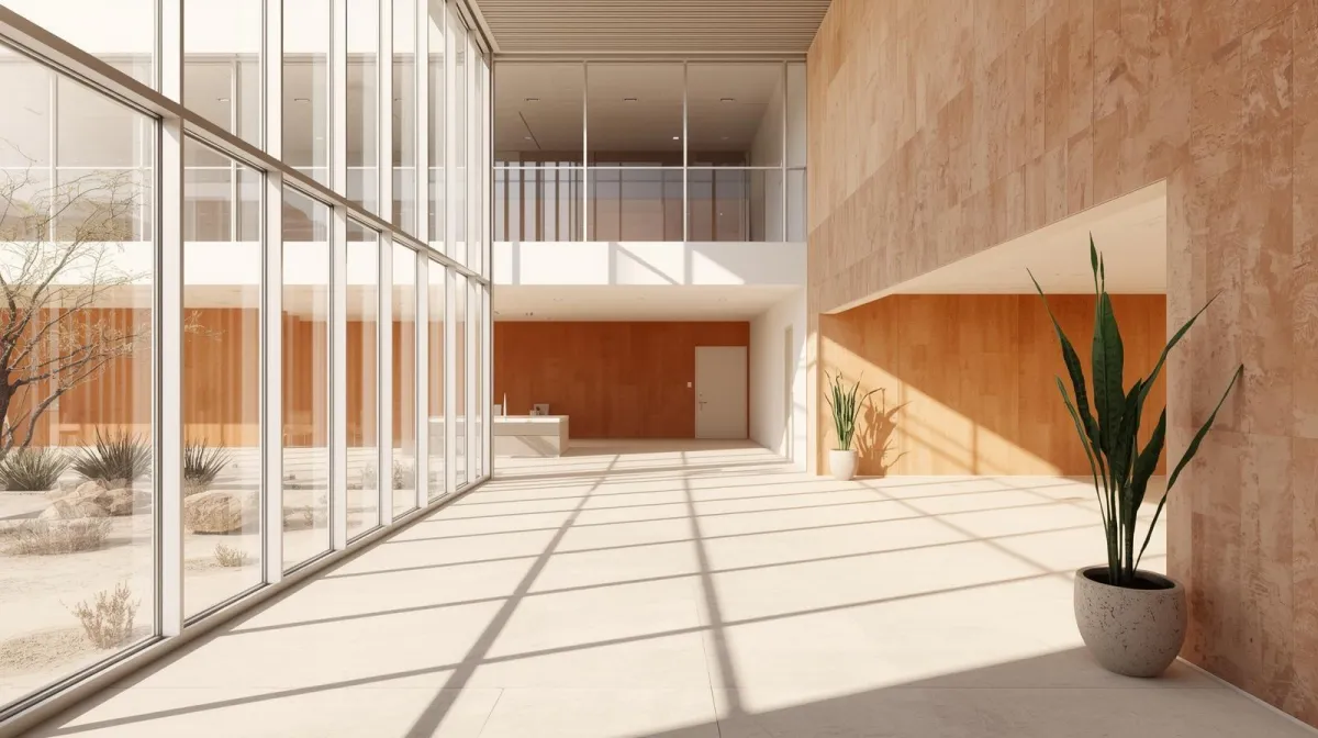 Modern Arizona commercial building interior with natural light and greenery representing the clarity, balance, and excellence created by A3D Services’ holistic cleaning.