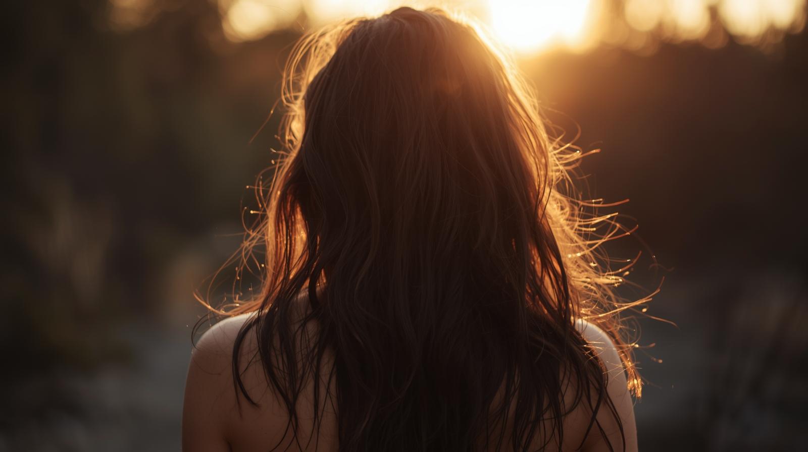 A woman standing with her back to the camera, light warming her shoulders, symbolizing emergence from shame and the beginning of healing.