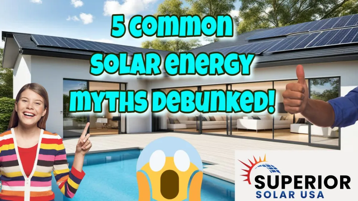 woman pointing at words saying 5 common solar myths debunked with home with solar panels in the background