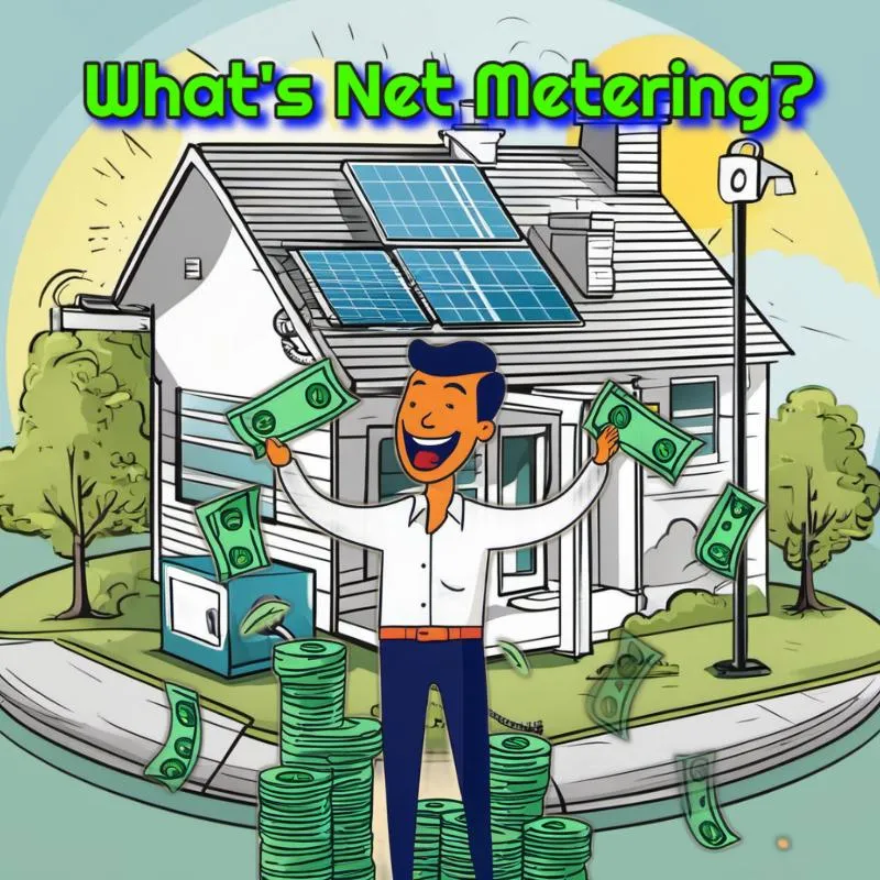 a happy man throwing money in front of his home with solar panels