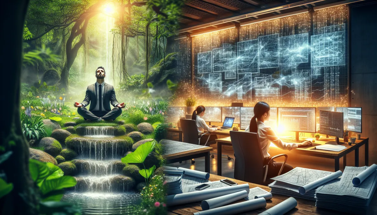 "1. ""A focused business owner immersed in work, surrounded by a vibrant workspace that promotes creativity and flow state."" 2. ""An entrepreneur in deep concentration, engaging with a vision board filled with goals and inspiration, embodying the essence of flow."""