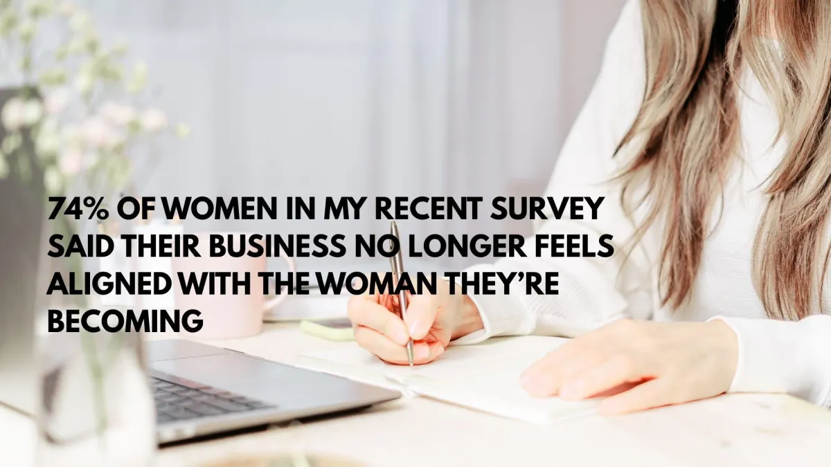 A woman entrepreneur reflecting at a desk with notebook and coffee, symbolising business growth and alignment.
