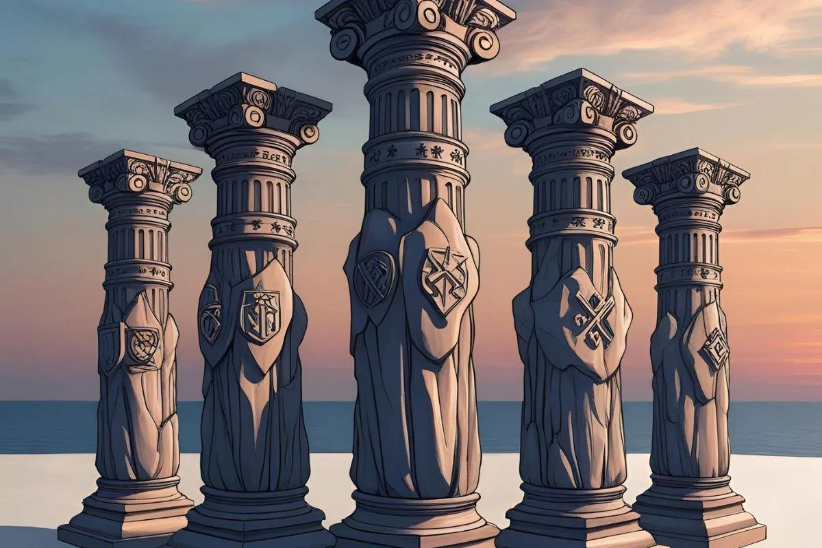 Illustration of five strong pillars representing the core values of integrity: honesty, responsibility, respect, fairness, and courage