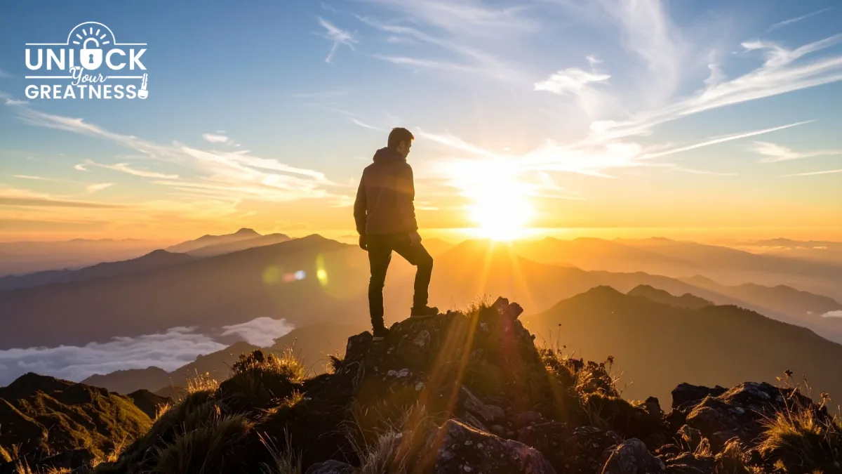 Person standing on a mountain peak at sunrise, overlooking a vast range of sunlit mountains under a blue and golden sky, symbolizing clarity, purpose, and personal breakthrough
