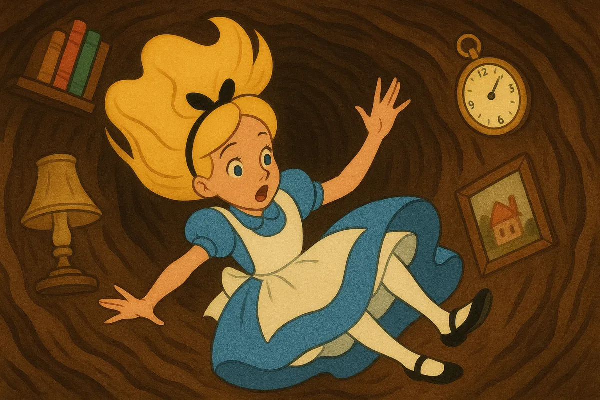 Alice in Wonderland falling down the rabbit hole