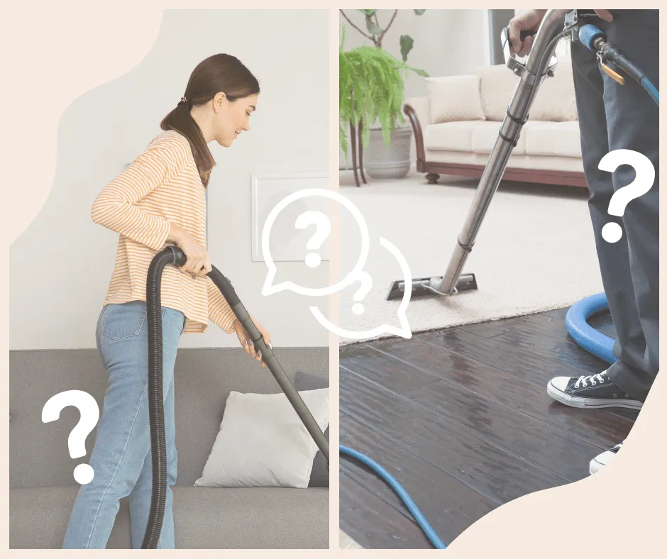 woman DIY cleaning her own carpet and professional cleaner cleaning clients carpet