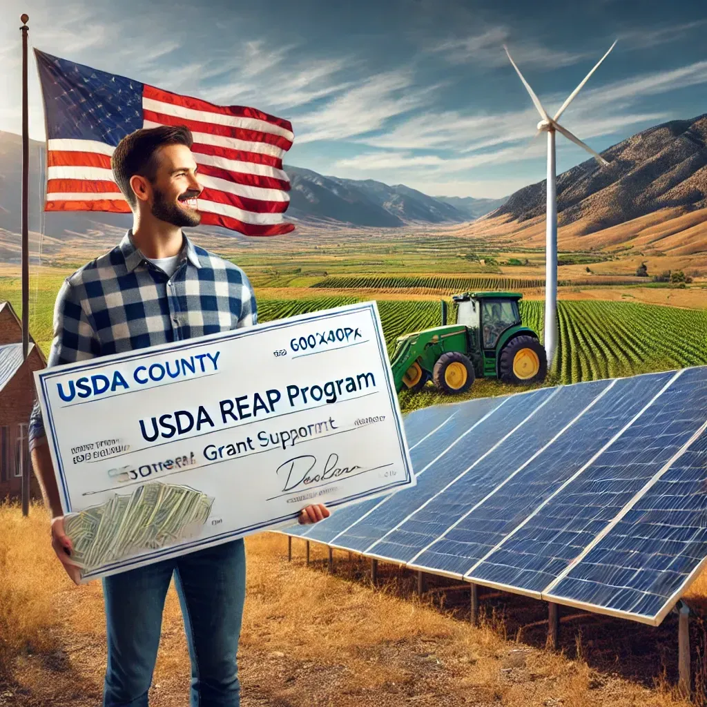 A small business owner in Utah County receives a USDA REAP grant, standing in front of solar panels, wind turbines, and agricultural fields. The check symbolizes $1,000,000 in financial support for renewable energy, with the American flag waving in the background. The image highlights the benefits of clean energy and government grants for rural businesses.