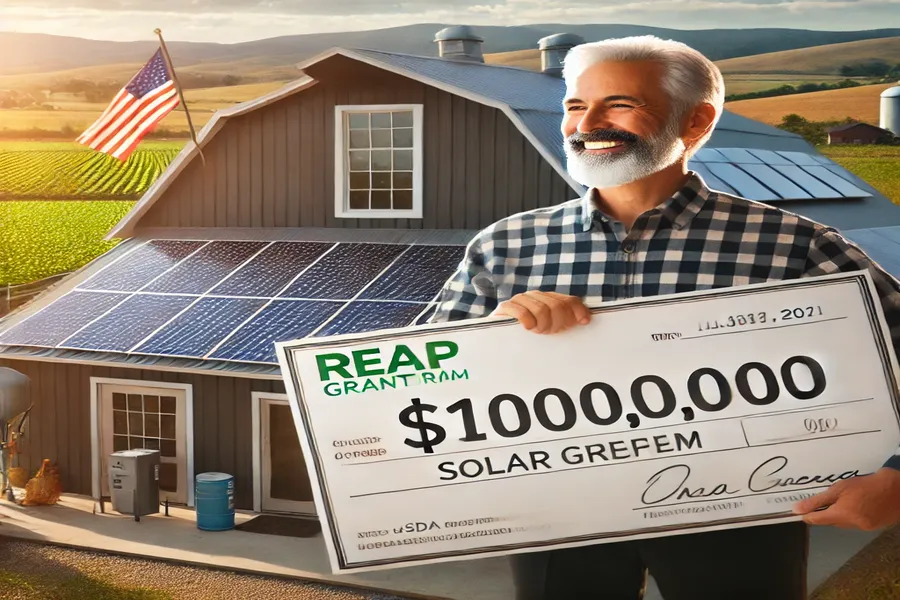West Mountain small business owner receiving a $1,000,000 check from the USDA REAP Grant Program in front of a building with solar panels. Solar funding opportunity for rural businesses in Utah with Ask Solar Mike.