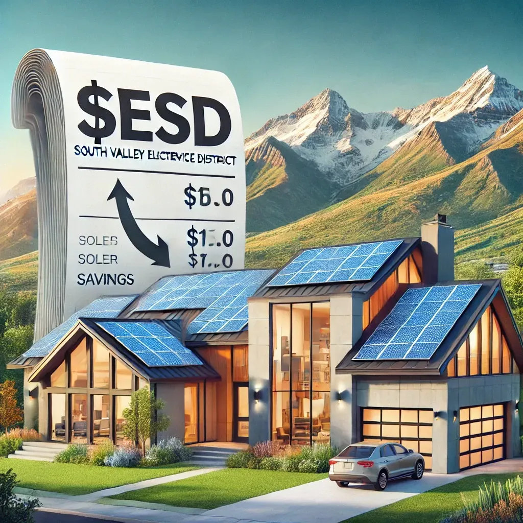 This image shows a modern home in Elk Ridge, Utah, with solar panels on the roof, set against a clear sky and scenic mountain backdrop. A representation of an electricity bill with a downward arrow symbolizes savings, highlighting the benefits of solar energy. The image emphasizes energy independence and financial savings for homeowners on SESD (South Valley Electric Service District).