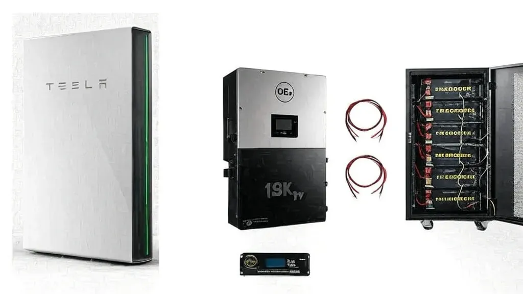 A side-by-side comparison image of the Tesla Powerwall and EG4 PowerPro ESS. On the left, a sleek, white Tesla Powerwall with a green accent line is displayed. On the right, the EG4 PowerPro ESS setup includes the 18kPV hybrid inverter, a communication hub, battery cables, and a cabinet containing multiple LiFePO4 batteries labeled "LifePower4." A red "VS" text in the center separates the two systems.
