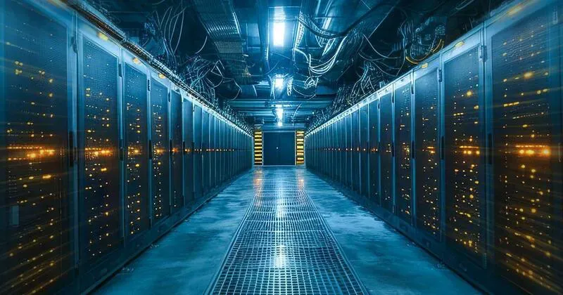 A high-tech data center in Santaquin, Utah, with glowing server racks and advanced cooling systems, set against the scenic Wasatch Front, powering AI innovations.