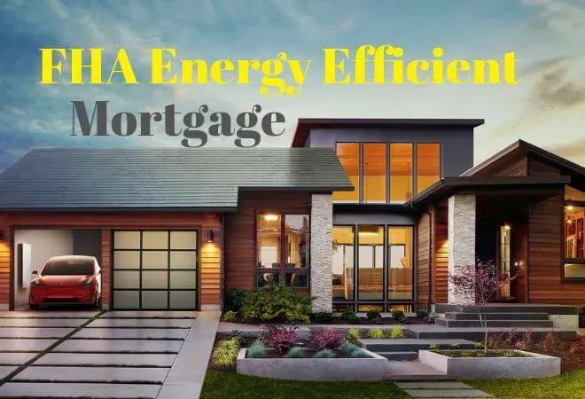 A contemporary Salem City, Utah home with solar panels on its sloped roof under a clear blue sky. The text "FHA Energy Efficiency Mortgage" is displayed in bold white letters with a shadow effect. The house features a brick and siding exterior, a well-kept lawn, and a driveway leading to a double garage.