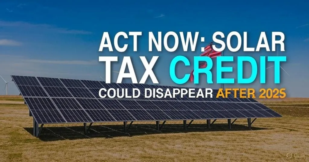 A row of solar panels in a field under a clear blue sky, with wind turbines in the background and an American flag. Bold text overlay reads: "ACT NOW: SOLAR TAX CREDIT COULD DISAPPEAR AFTER 2025."