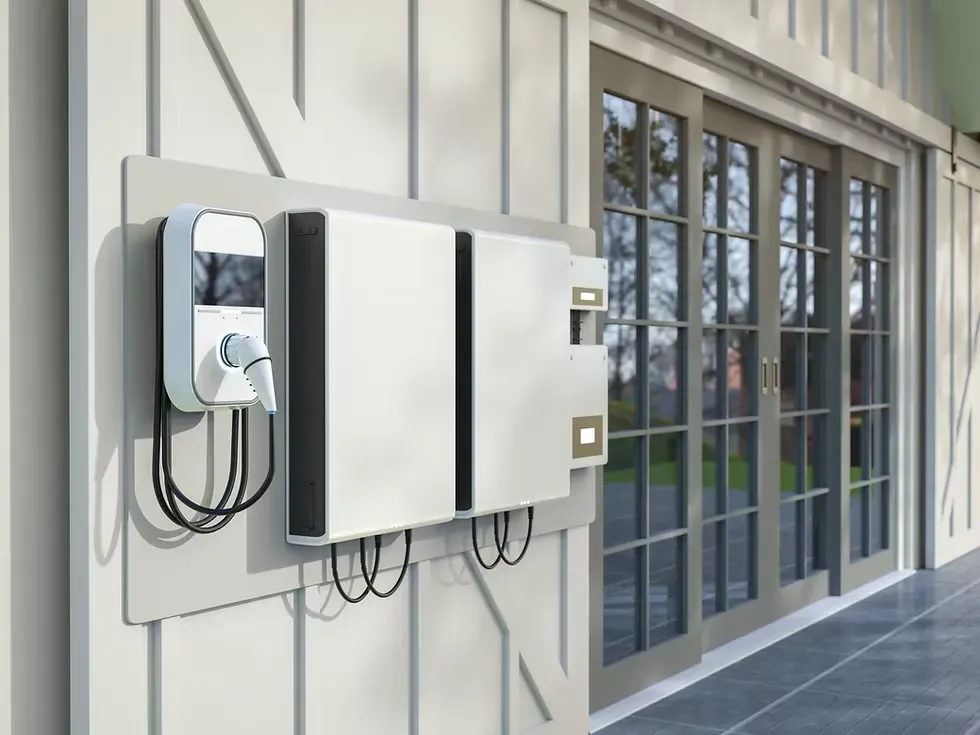 A modern home in Santaquin, UT, featuring a sleek electric vehicle (EV) charger and solar battery storage units mounted on the exterior wall, with large glass doors opening to a lush backyard under a clear sky.