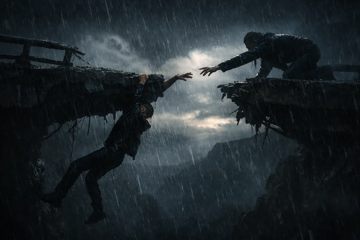 A cinematic night scene of a storm where one person hangs from the edge of a broken bridge over a deep canyon while another reaches out from the opposite side, their hands inches apart, capturing a tense, unresolved cliffhanger moment.