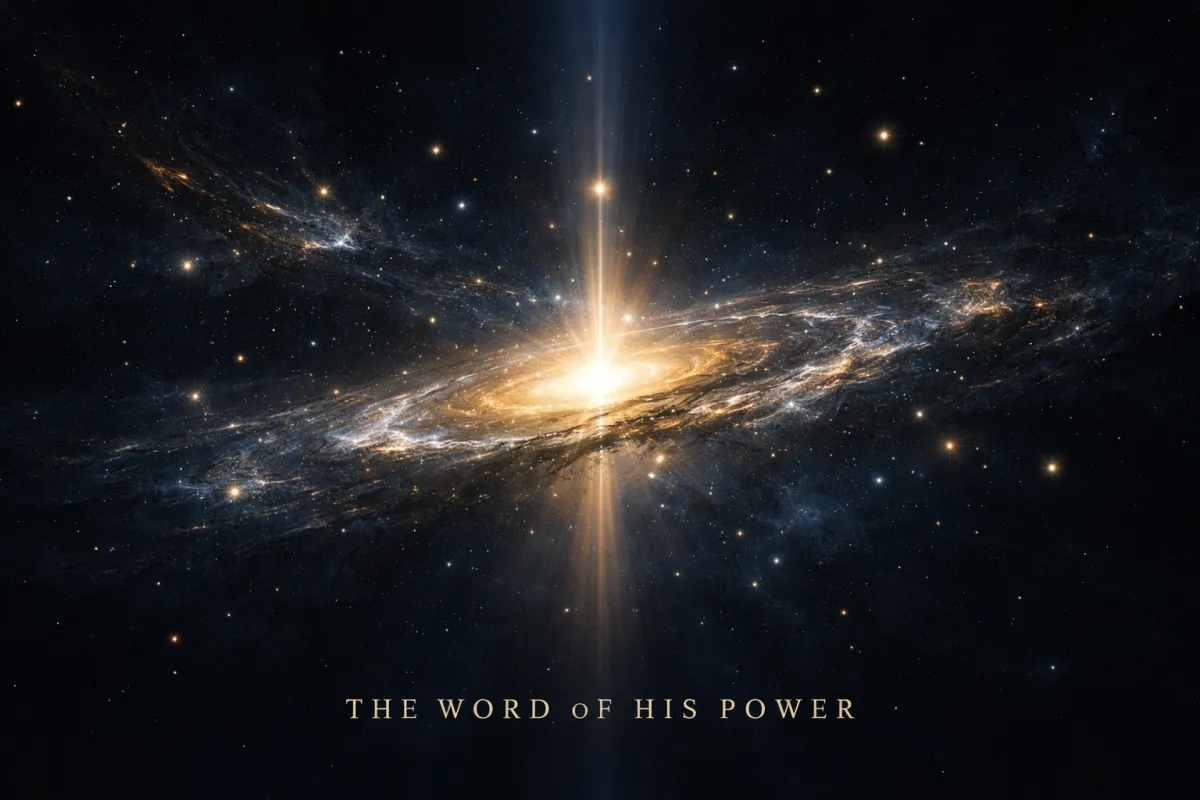 A cosmic scene representing God’s power holding the universe together through His Word.