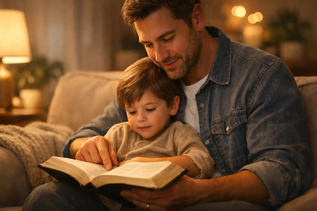 A warm, intimate scene of a father sitting on a couch with his young child on his lap, gently reading the Bible together under soft lamp light, creating a peaceful and loving atmosphere.